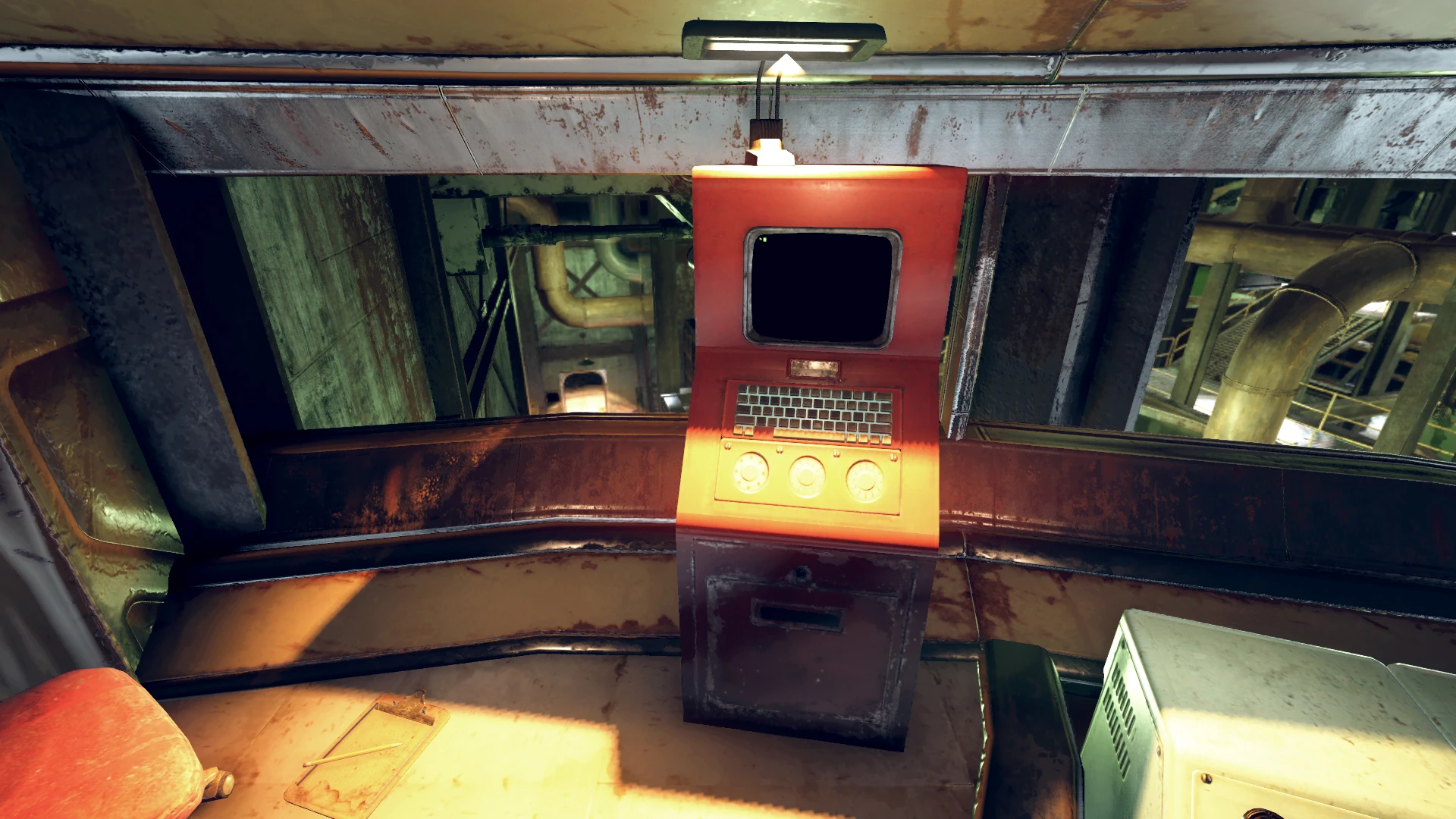 Kontrollraum des PowerTech-Kraftwerks mit alten Computern, blinkenden Lichtern und Geigerzählern